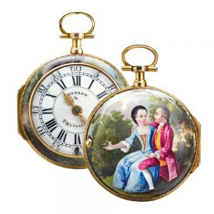 A yellow gold Swiss enamel open faced pocket watch Circa 1760