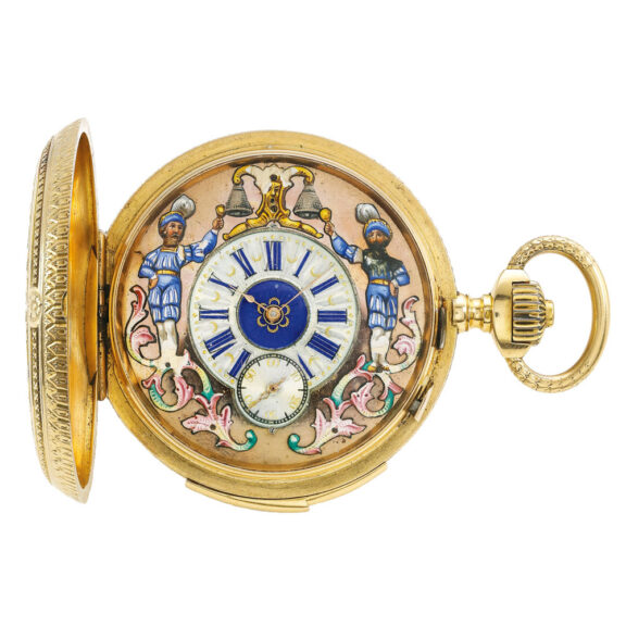 A Swiss gold quarter repeating automaton watch Circa 1890