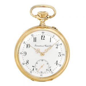A gold Swiss open faced keyless IWC pocket watch Circa 1900