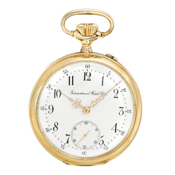 A gold Swiss open faced keyless IWC pocket watch Circa 1900