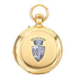 A Swiss gold hunting cased minute repeating watch Circa 1870