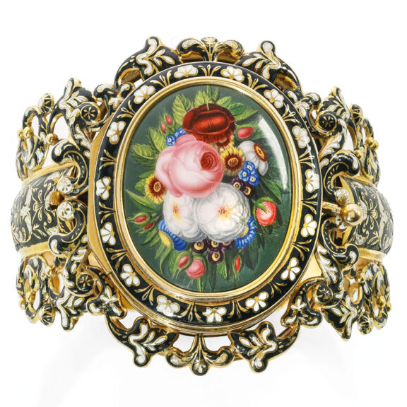 Swiss lady's gold and enamel bracelet concealed watch Circa 1830 Swiss lady's gold and enamel bracelet concealed watch Circa 1830